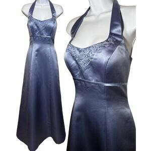 Vintage Prom Dress Maxi Gown 8 Y2K Floral Beaded Halter Glam Satin Corset 90s